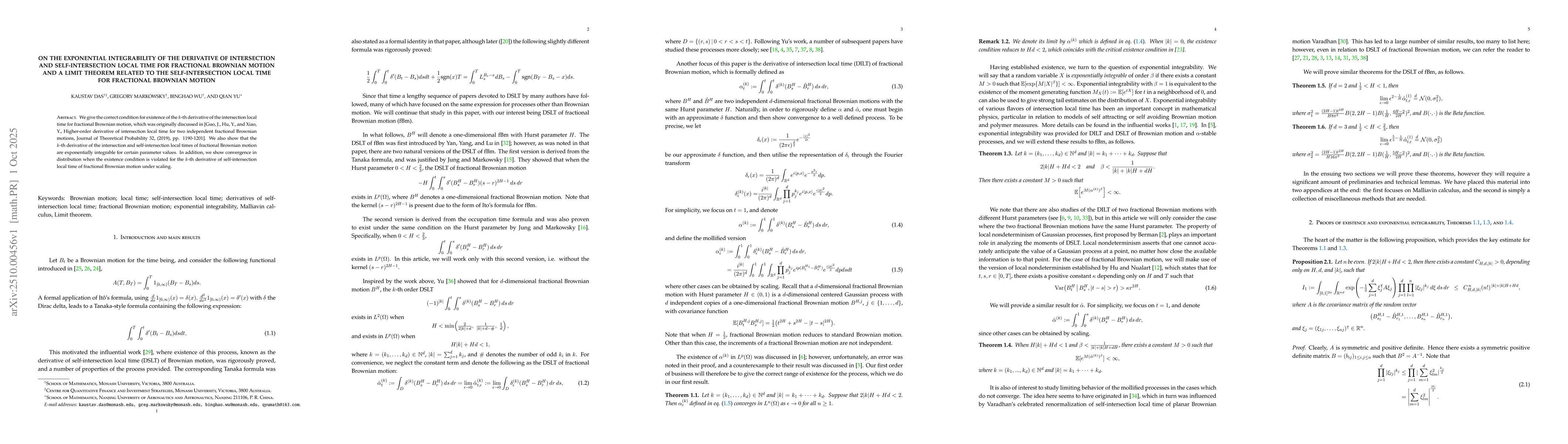 Thumbnail for On the exponential integrability of the derivative of intersection and
  self-intersection local time for fractional Brownian motion and a limit
  theorem related to the self-intersection local time for fractional Brownian
  motion
