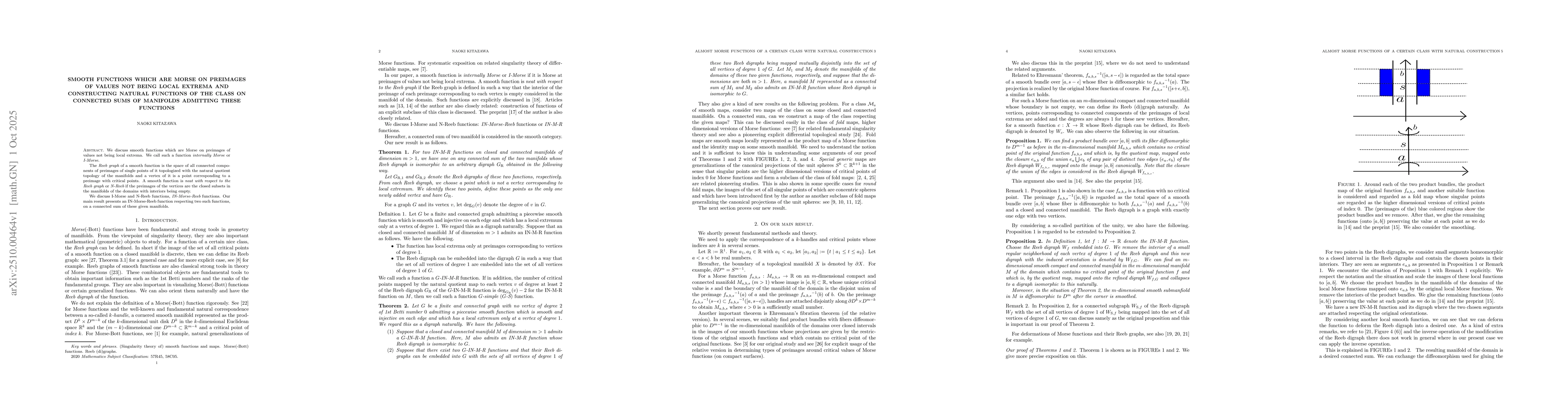 Thumbnail for Smooth functions which are Morse on preimages of values not being local
  extrema and constructing natural functions of the class on connected sums of
  manifolds admitting these functions