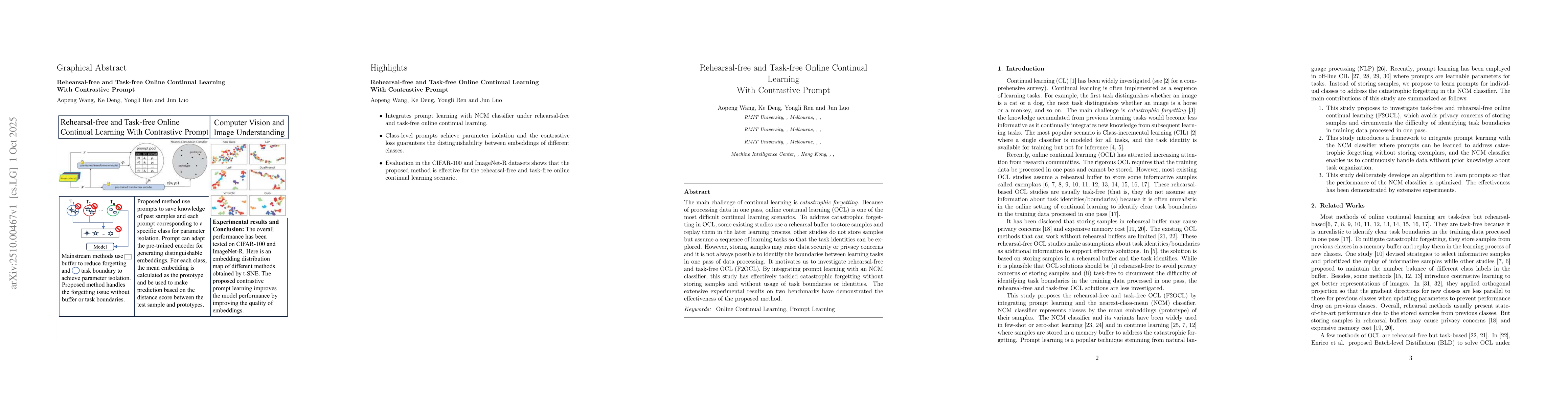 Thumbnail for Rehearsal-free and Task-free Online Continual Learning With Contrastive
  Prompt