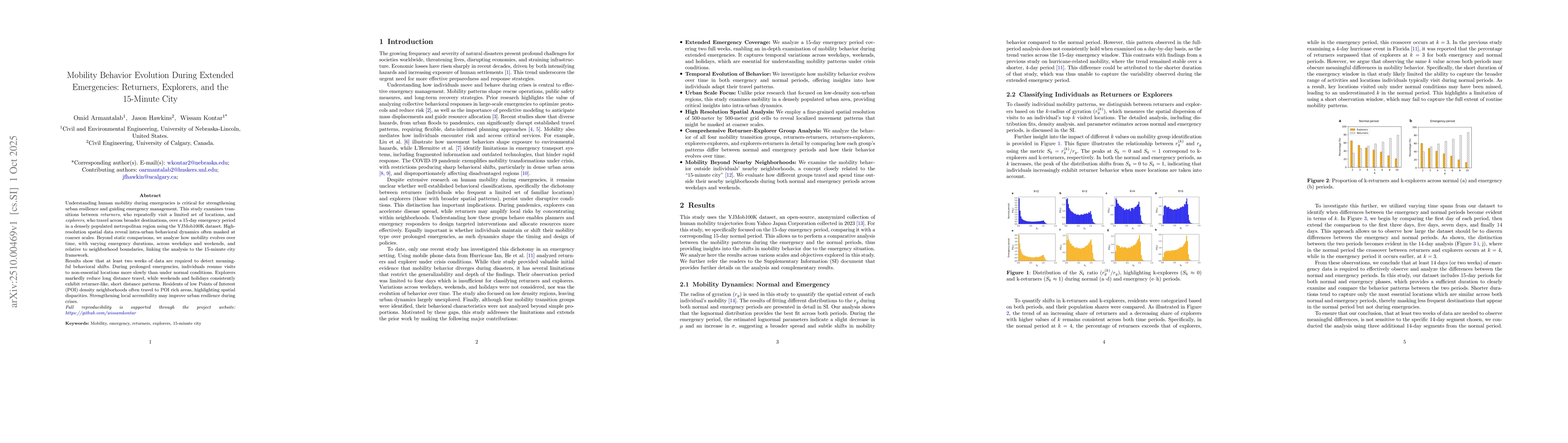 Thumbnail for Mobility Behavior Evolution During Extended Emergencies: Returners,
  Explorers, and the 15-Minute City