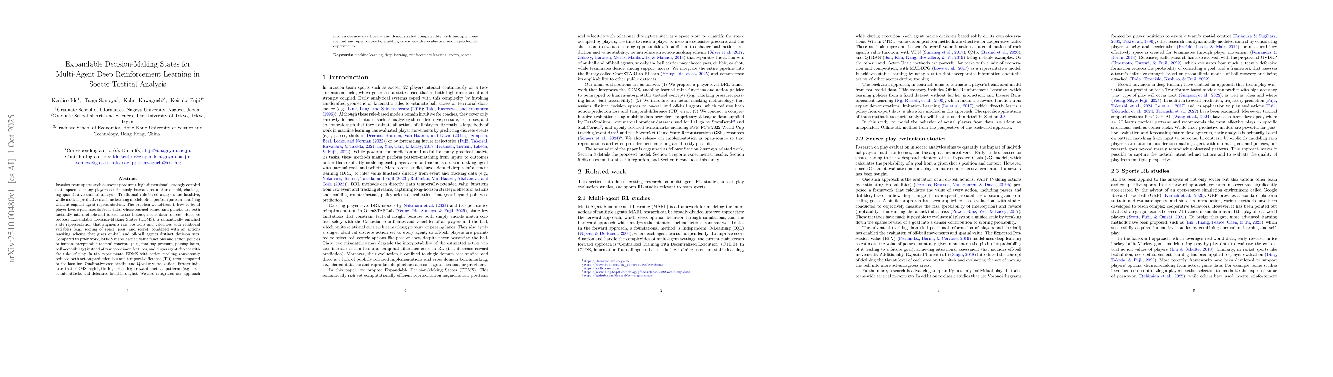 Thumbnail for Expandable Decision-Making States for Multi-Agent Deep Reinforcement
  Learning in Soccer Tactical Analysis
