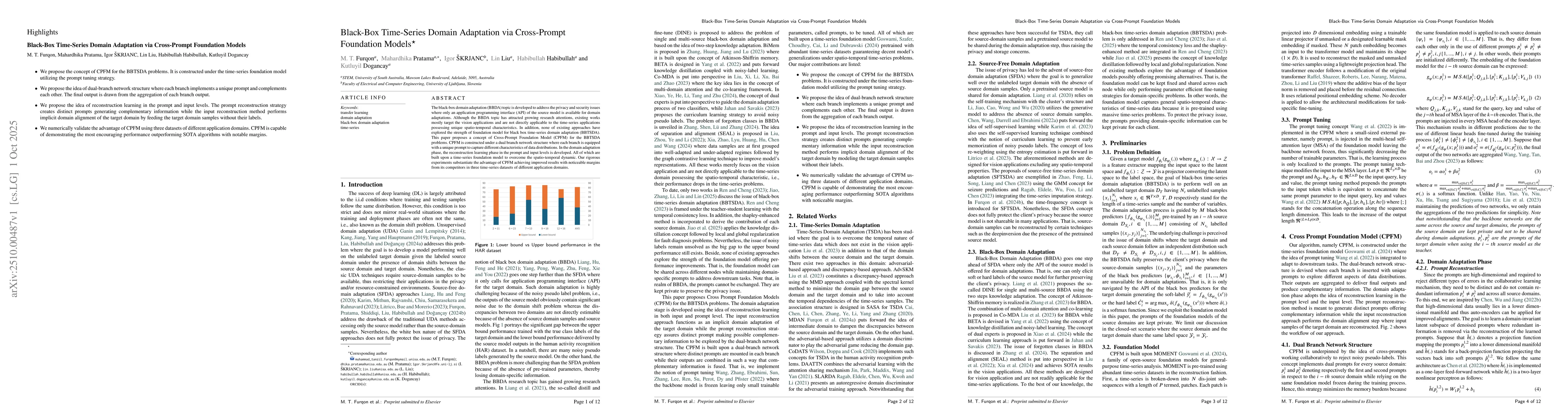 Thumbnail for Black-Box Time-Series Domain Adaptation via Cross-Prompt Foundation
  Models