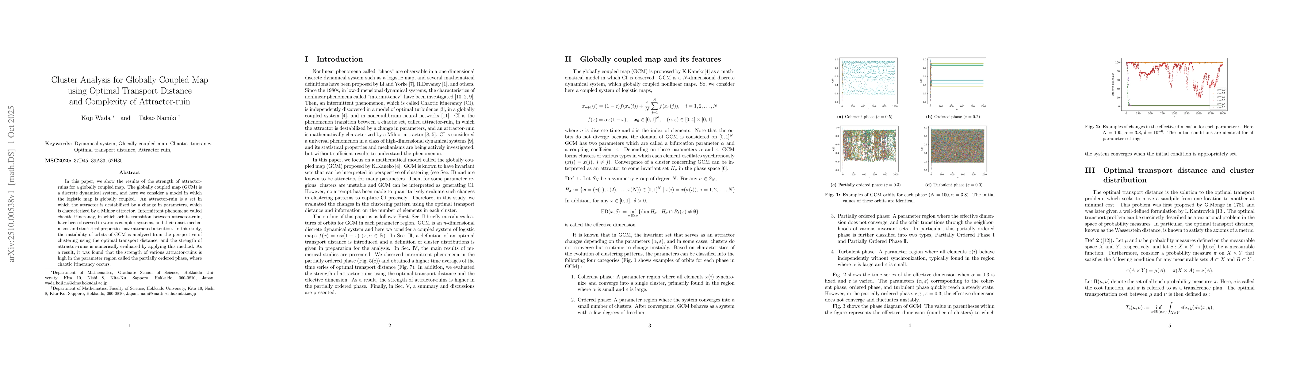 Thumbnail for Cluster Analysis for Globally Coupled Map using Optimal Transport
  Distance and Complexity of Attractor-ruin