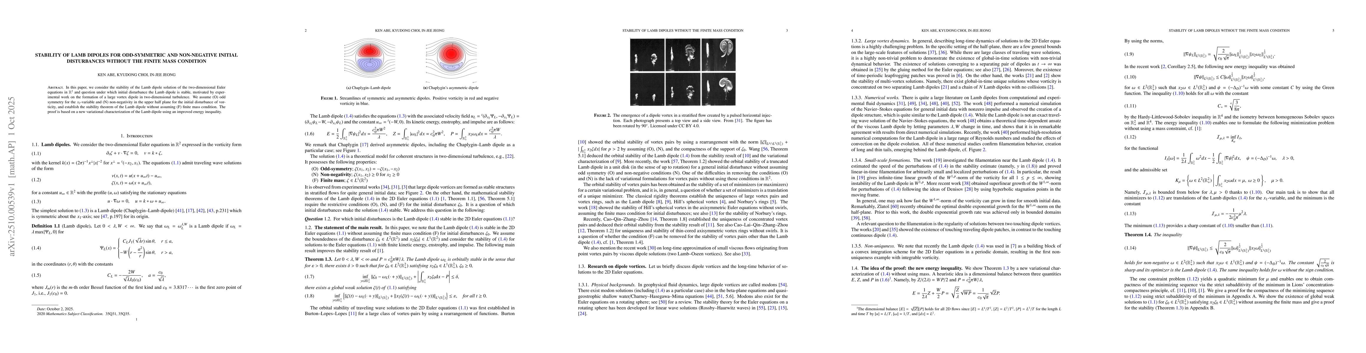 Thumbnail for Stability of Lamb dipoles for odd-symmetric and non-negative initial
  disturbances without the finite mass condition
