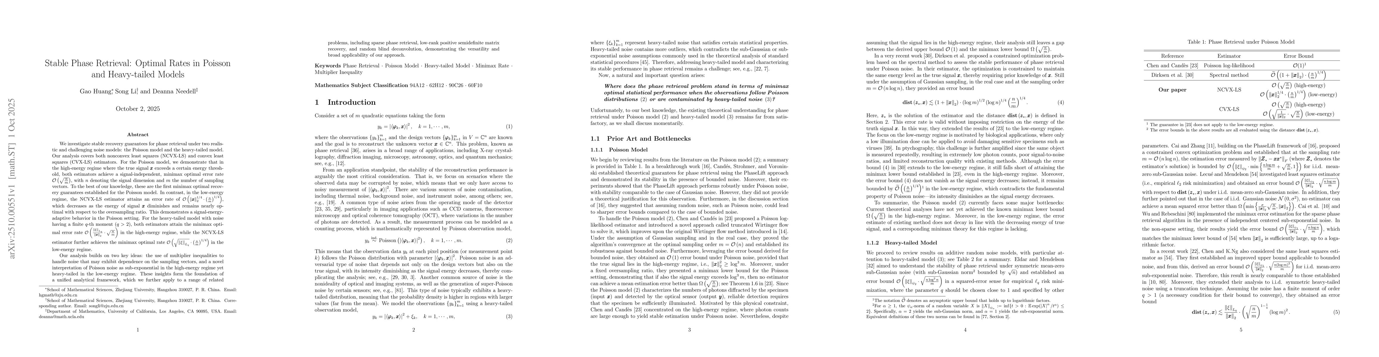 Thumbnail for Stable Phase Retrieval: Optimal Rates in Poisson and Heavy-tailed Models