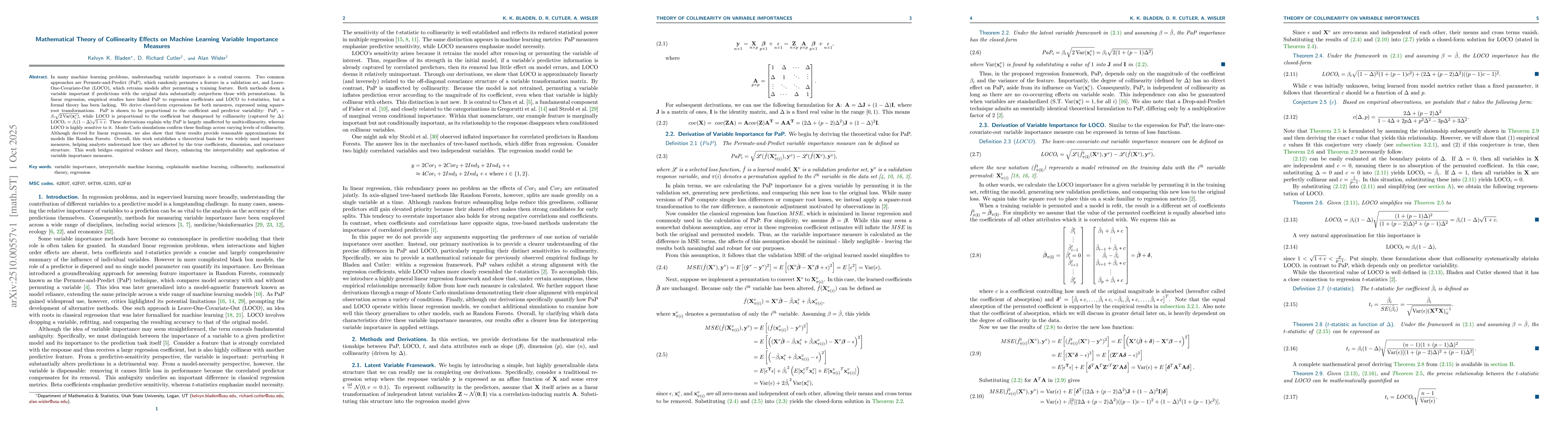 Thumbnail for Mathematical Theory of Collinearity Effects on Machine Learning Variable
  Importance Measures