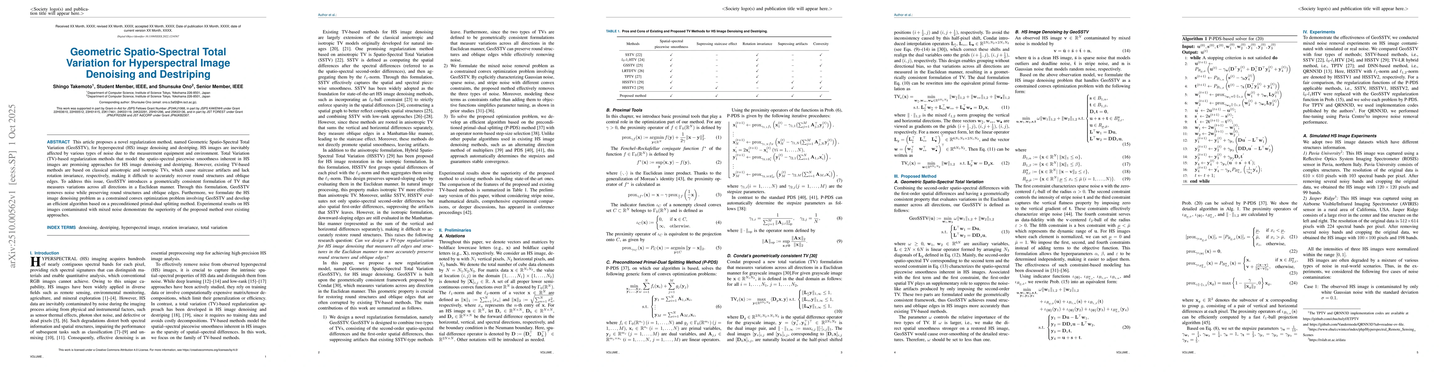 Thumbnail for Geometric Spatio-Spectral Total Variation for Hyperspectral Image
  Denoising and Destriping