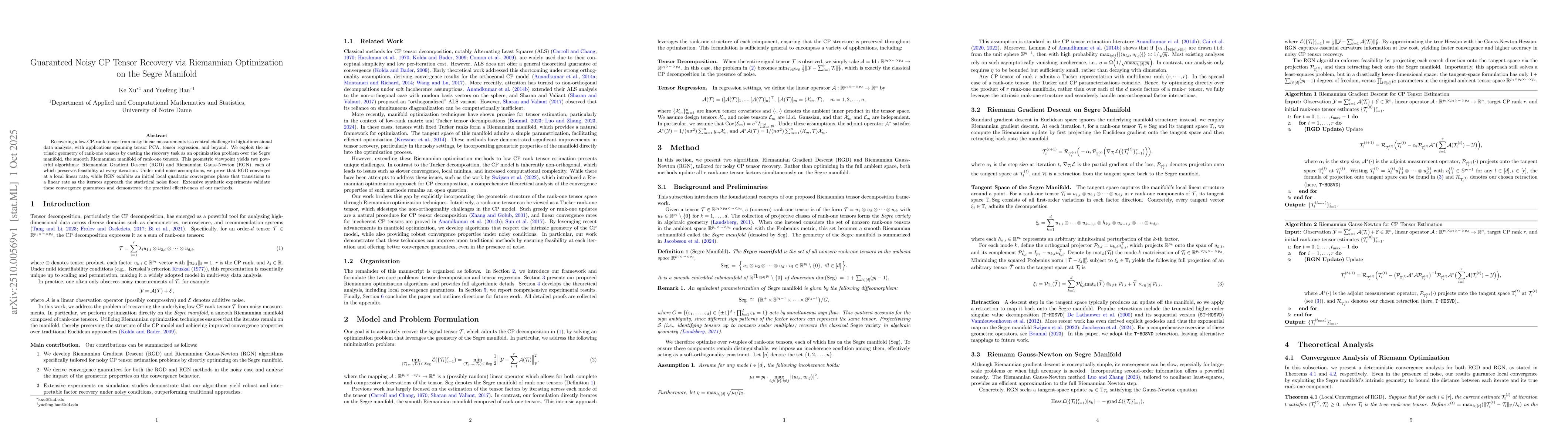 Thumbnail for Guaranteed Noisy CP Tensor Recovery via Riemannian Optimization on the
  Segre Manifold