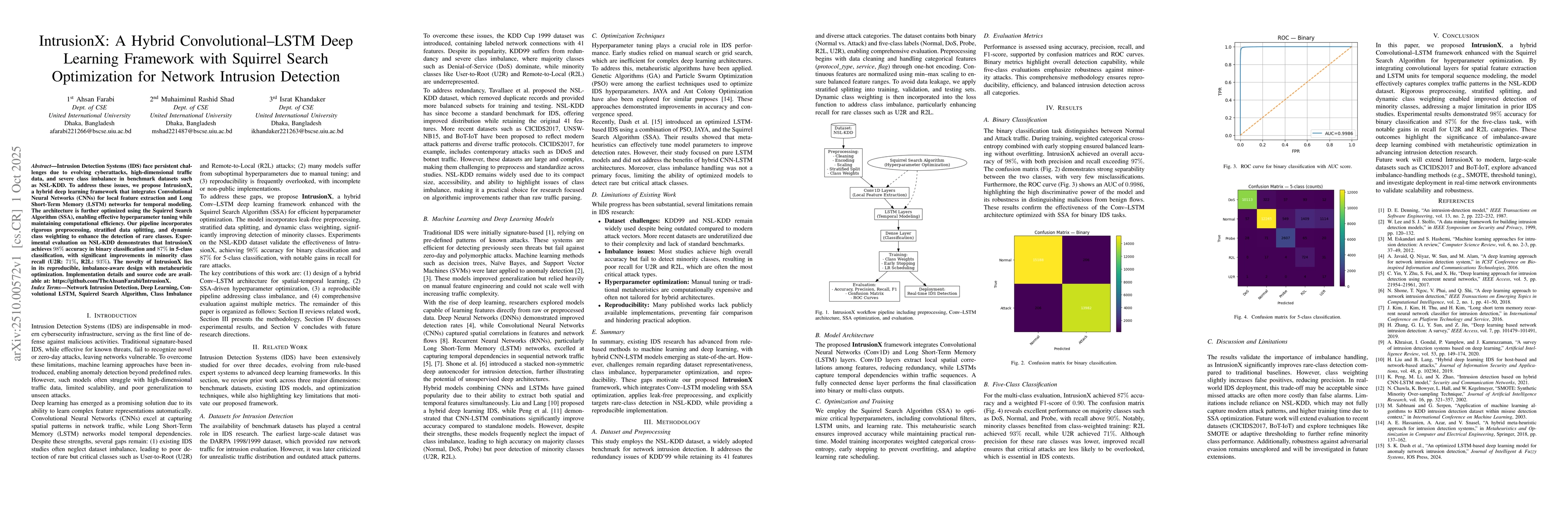 Thumbnail for IntrusionX: A Hybrid Convolutional-LSTM Deep Learning Framework with
  Squirrel Search Optimization for Network Intrusion Detection