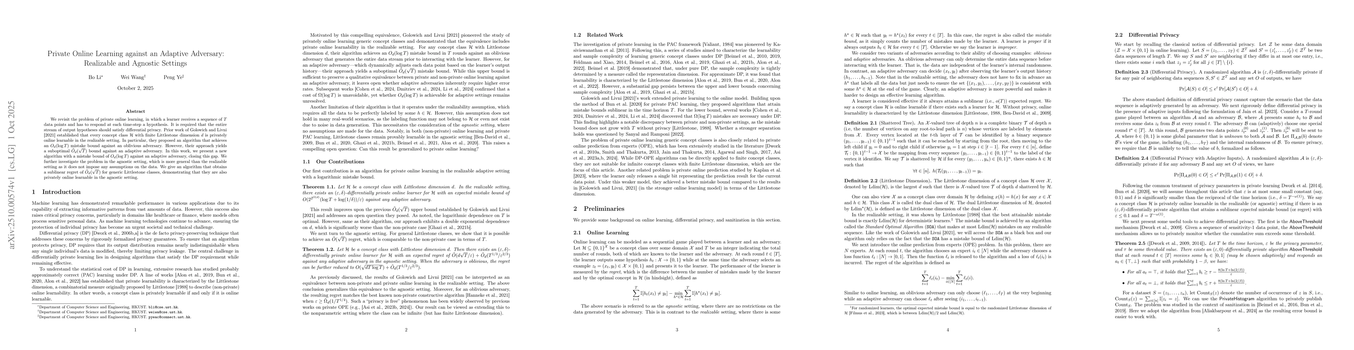 Thumbnail for Private Online Learning against an Adaptive Adversary: Realizable and
  Agnostic Settings