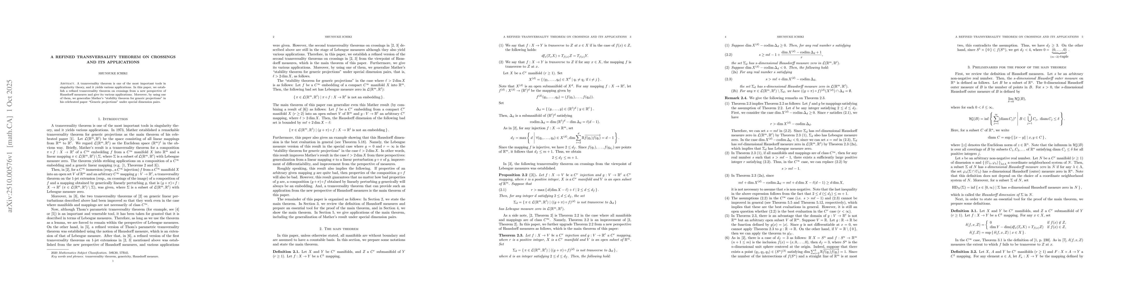 Thumbnail for A refined transversality theorem on crossings and its applications
