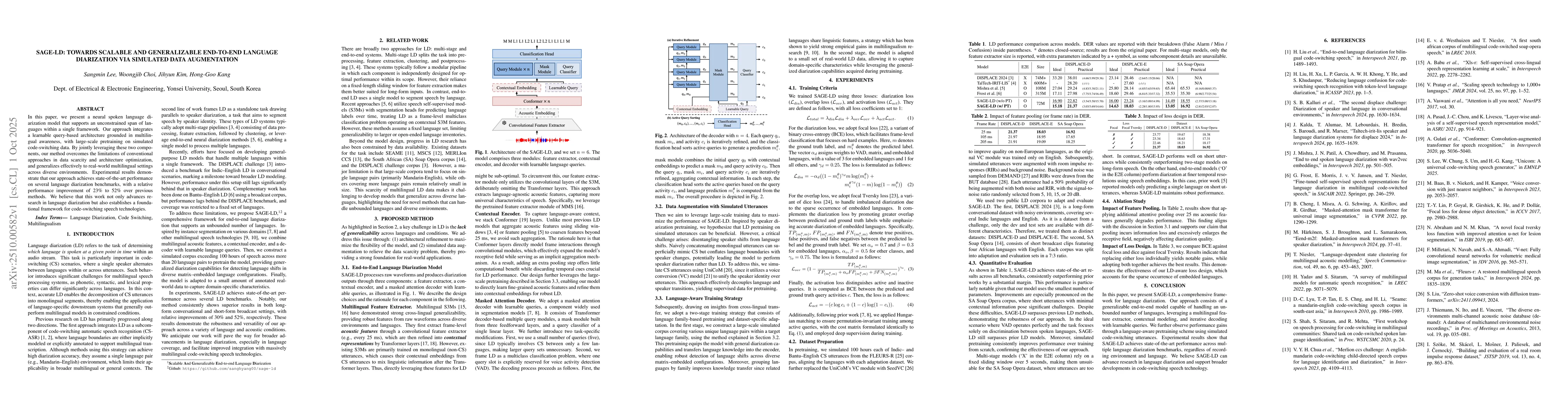 Thumbnail for SAGE-LD: Towards Scalable and Generalizable End-to-End Language
  Diarization via Simulated Data Augmentation