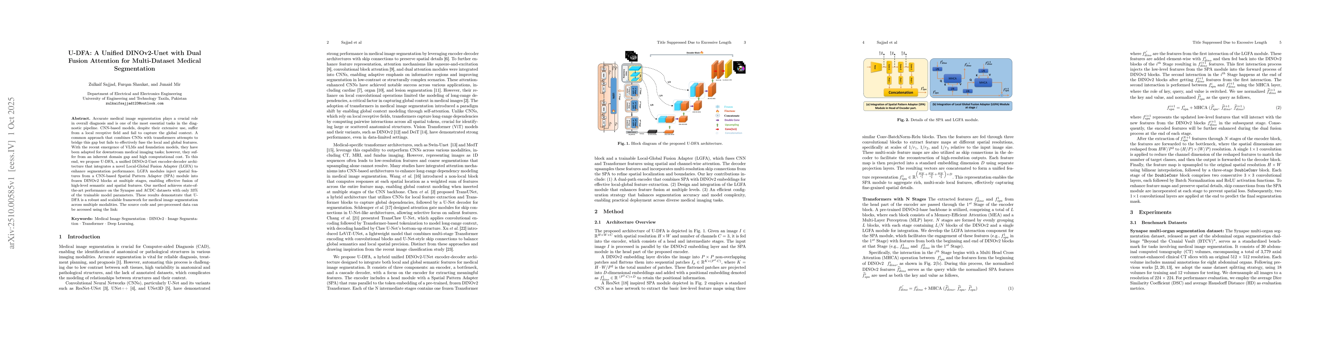 Thumbnail for U-DFA: A Unified DINOv2-Unet with Dual Fusion Attention for
  Multi-Dataset Medical Segmentation
