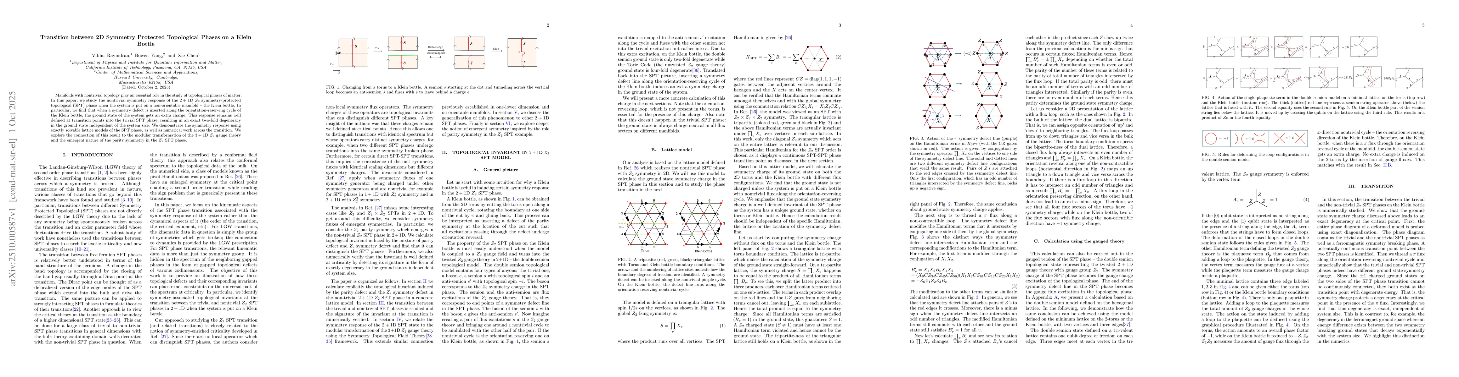 Thumbnail for Transition between 2D Symmetry Protected Topological Phases on a Klein
  Bottle