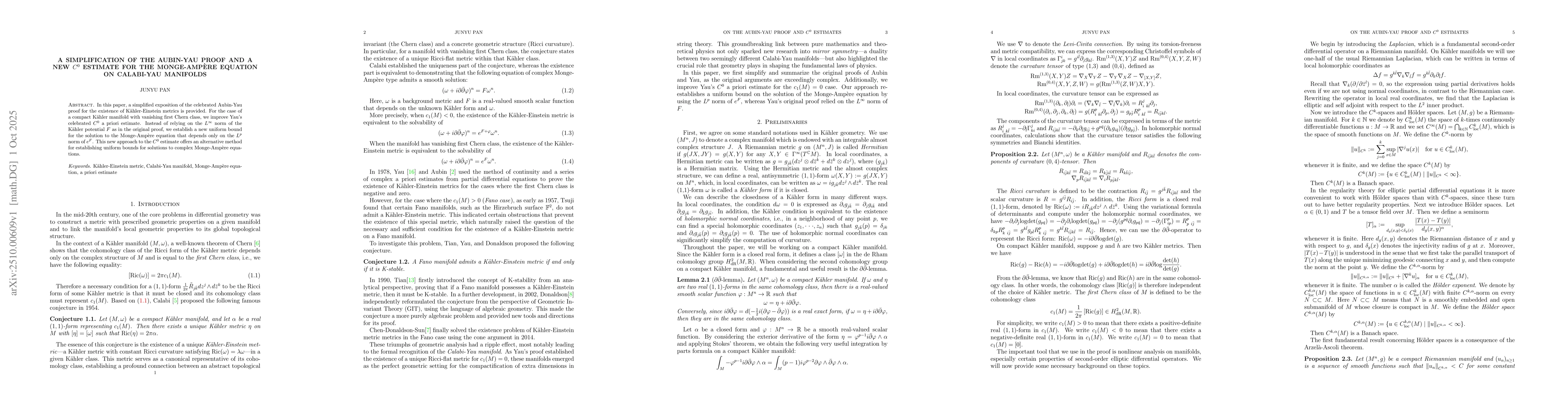 Thumbnail for A Simplification of the Aubin-Yau Proof and a New $C^{0}$ Estimate for
  the Monge-Ampère Equation on Calabi-Yau Manifolds