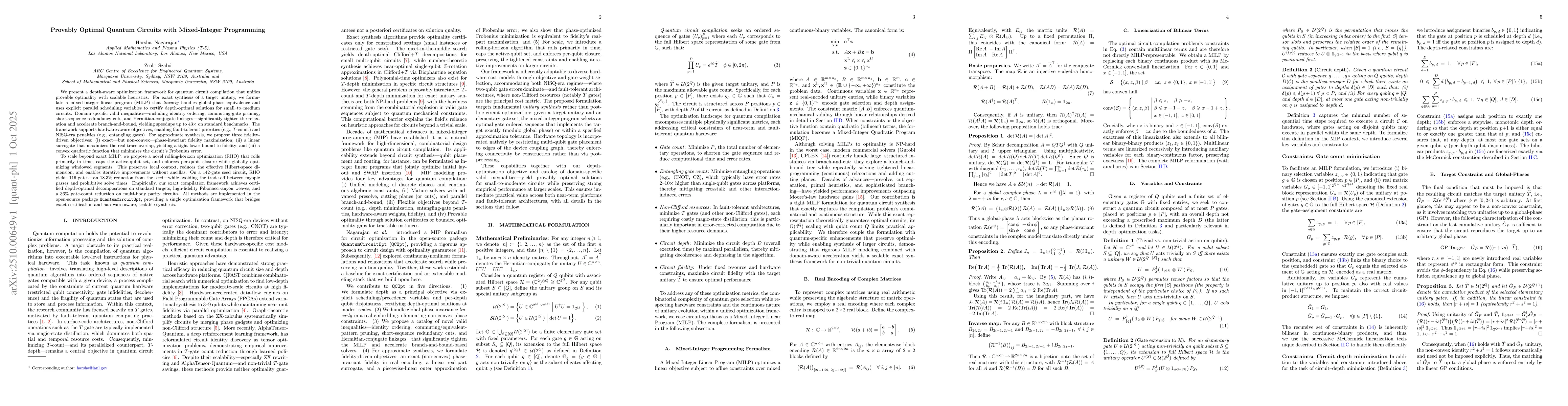 Thumbnail for Provably Optimal Quantum Circuits with Mixed-Integer Programming