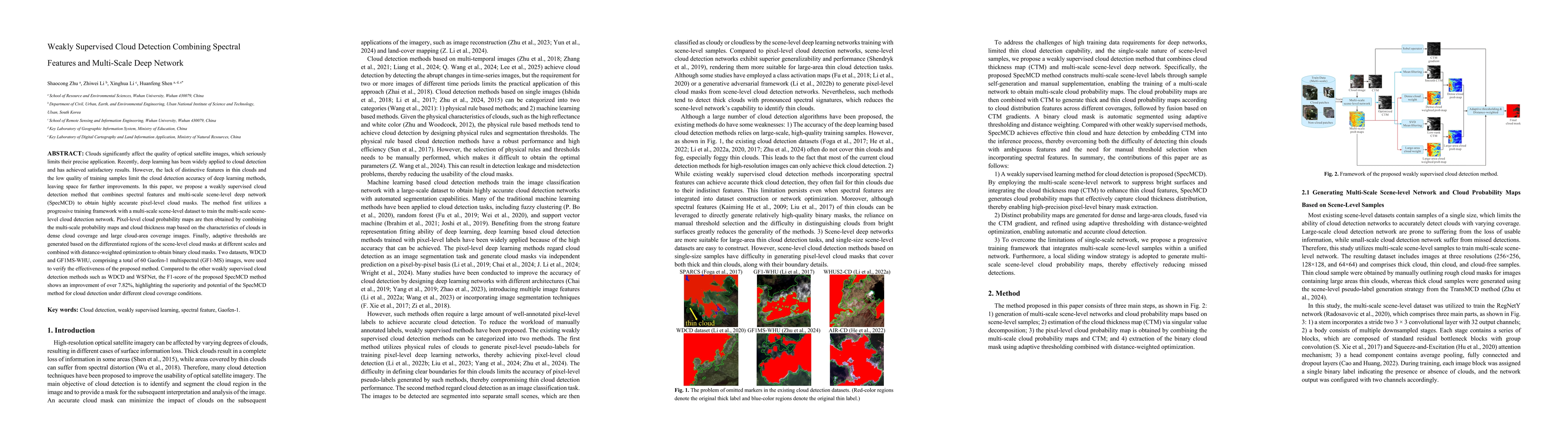 Thumbnail for Weakly Supervised Cloud Detection Combining Spectral Features and
  Multi-Scale Deep Network