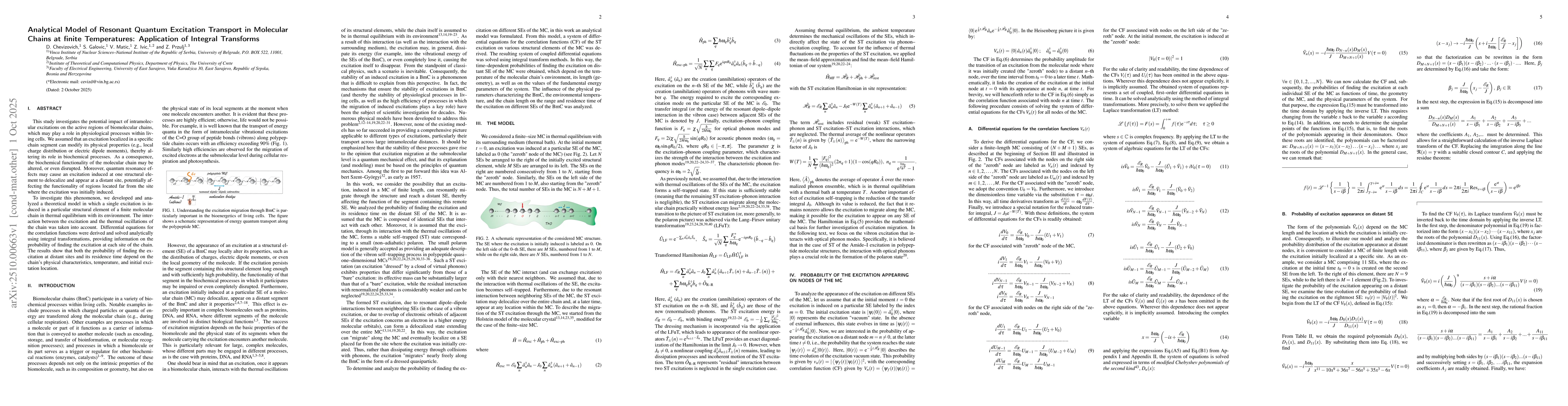 Thumbnail for Analytical Model of Resonant Quantum Excitation Transport in Molecular
  Chains at finite Temperatures: Application of Integral Transforms
