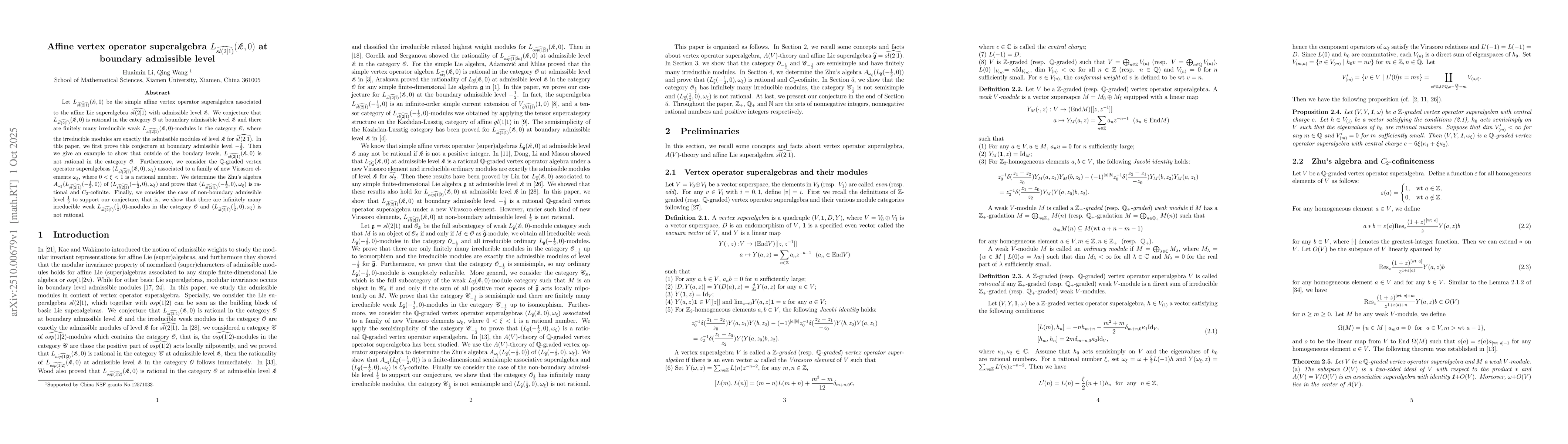 Thumbnail for Affine vertex operator superalgebra $L_{\hat{sl(2|1)}}(\mathcal{k},0)$
  at boundary admissible level