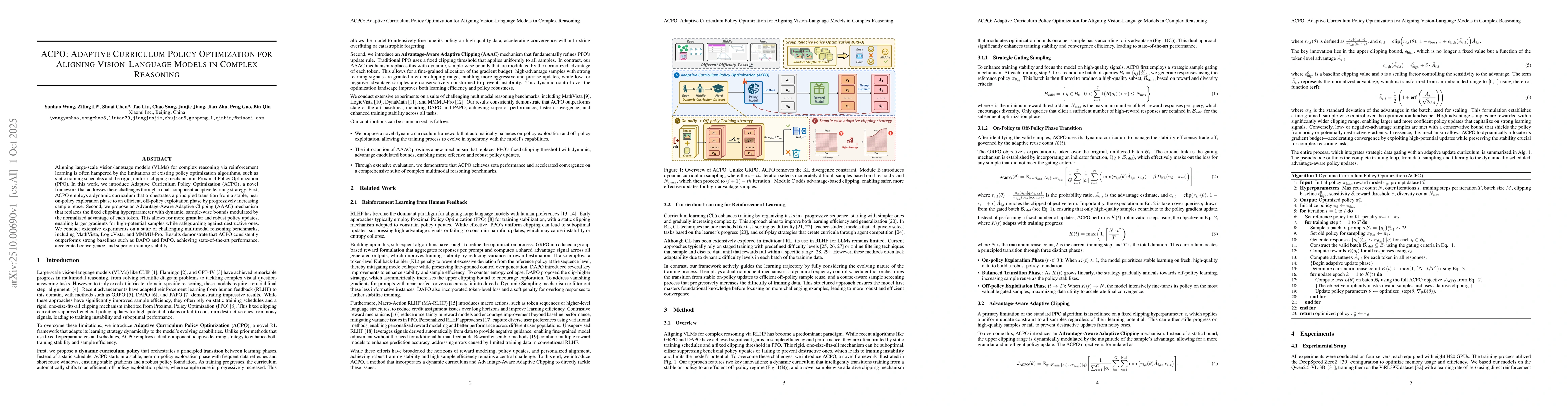 Thumbnail for ACPO: Adaptive Curriculum Policy Optimization for Aligning
  Vision-Language Models in Complex Reasoning