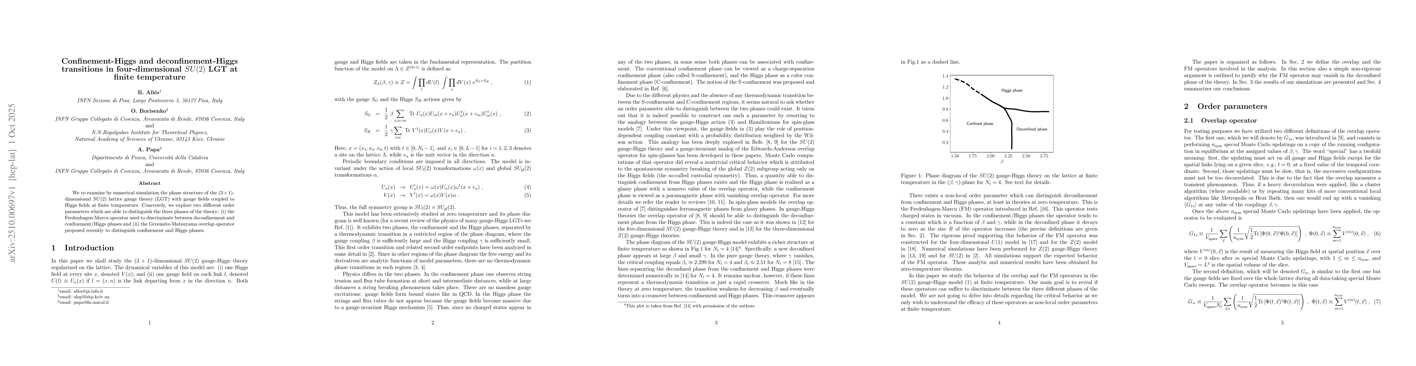 Thumbnail for Confinement-Higgs and deconfinement-Higgs transitions in
  four-dimensional SU(2) LGT at finite temperature