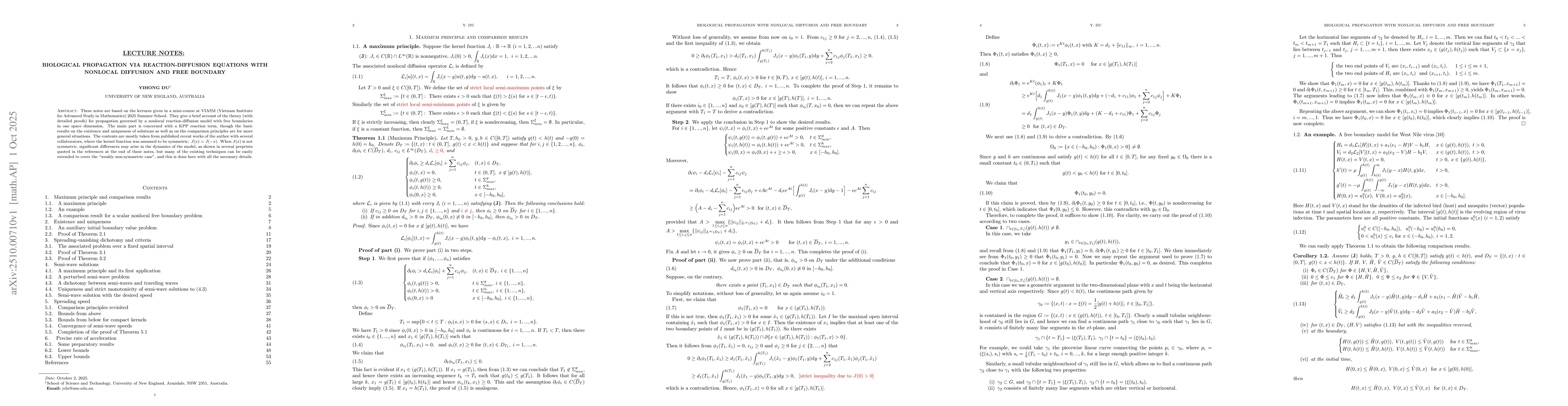 Thumbnail for Lecture notes: Biological propagation via reaction-diffusion equations
  with nonlocal diffusion and free boundary