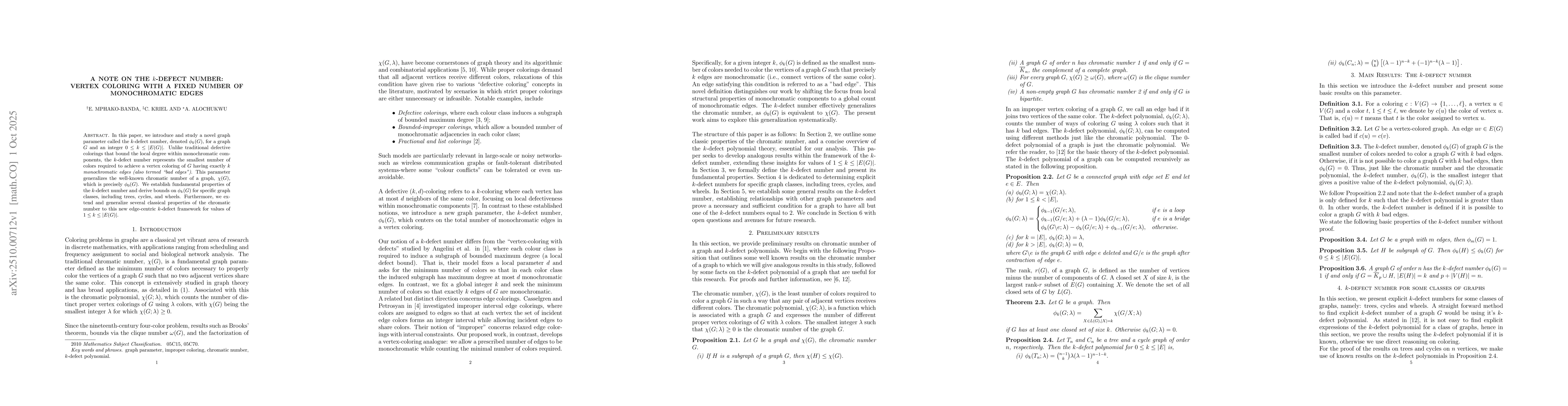 Thumbnail for A note on the $k$-defect number: Vertex Coloring with a Fixed Number of
  Monochromatic Edges