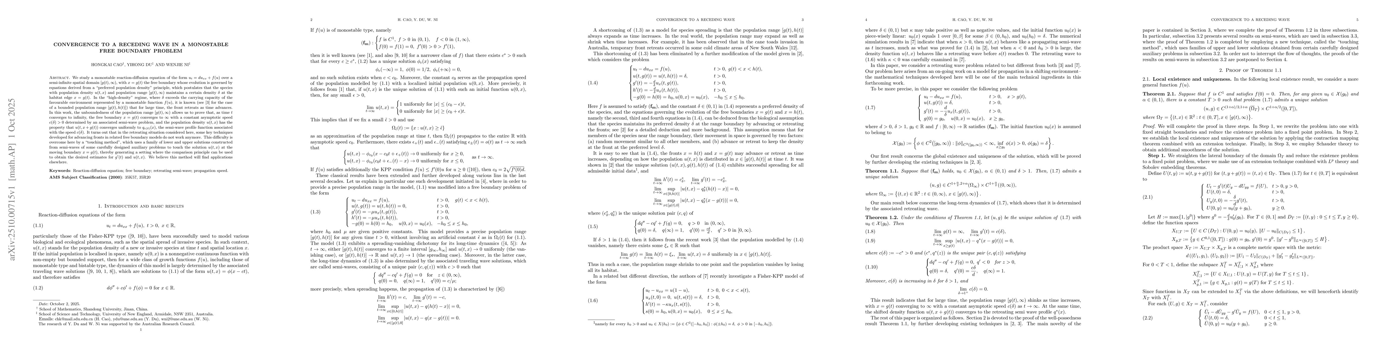Thumbnail for Convergence to a receding wave in a monostable free boundary problem