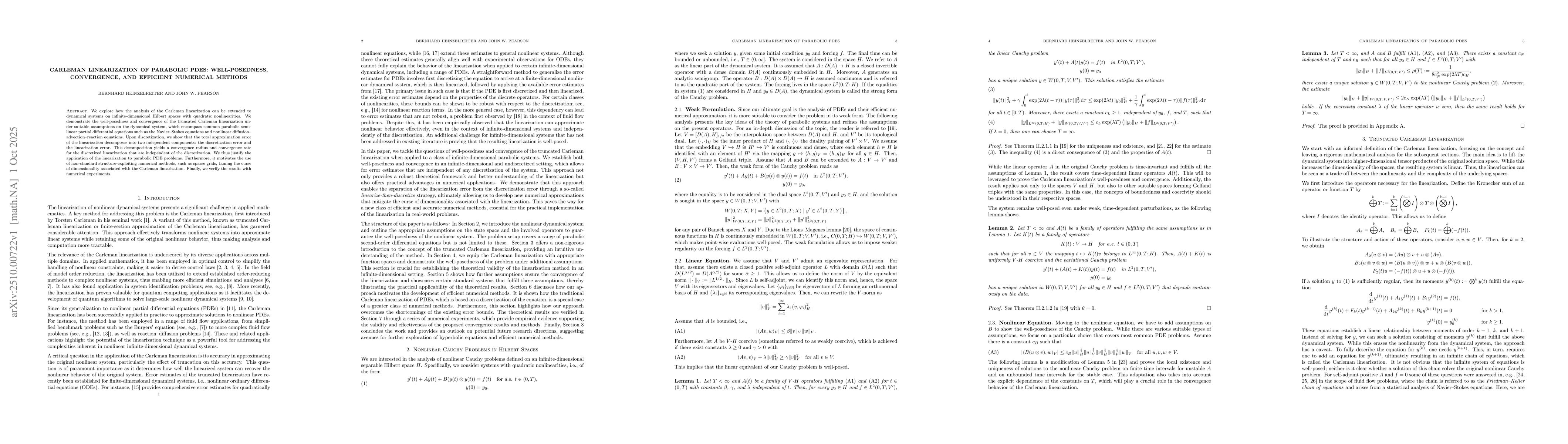 Thumbnail for Carleman Linearization of Parabolic PDEs: Well-posedness, convergence,
  and efficient numerical methods