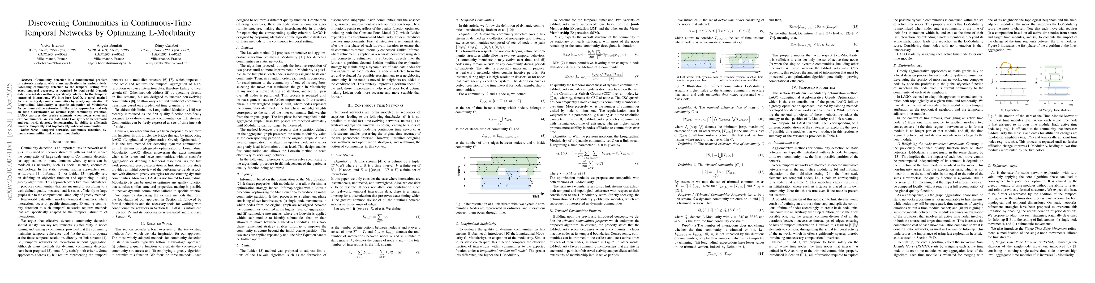 Thumbnail for Discovering Communities in Continuous-Time Temporal Networks by
  Optimizing L-Modularity