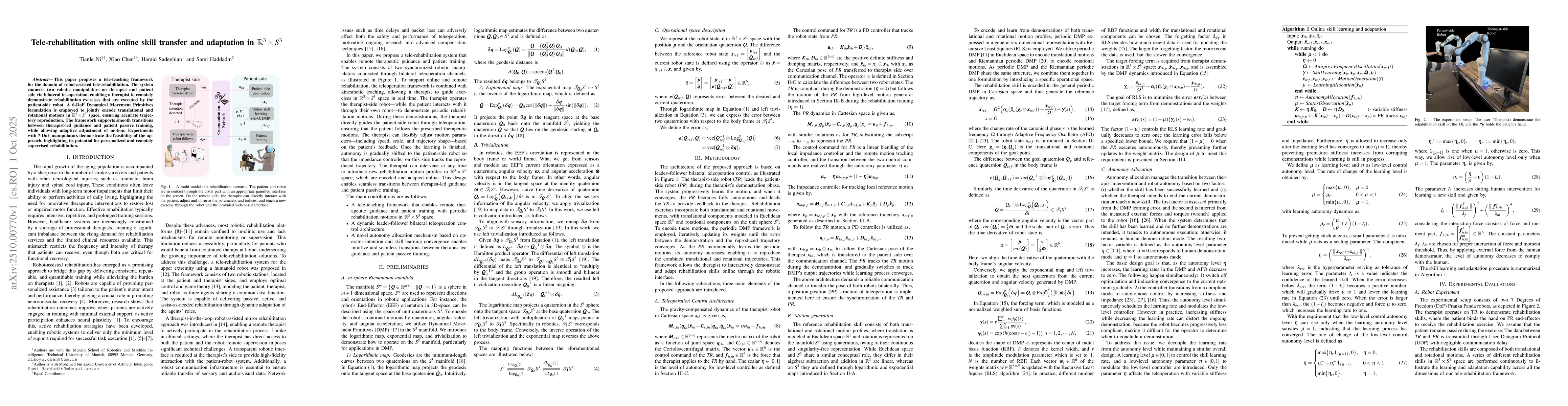 Thumbnail for Tele-rehabilitation with online skill transfer and adaptation in
  $\mathbb{R}^3 \times \mathit{S}^3$