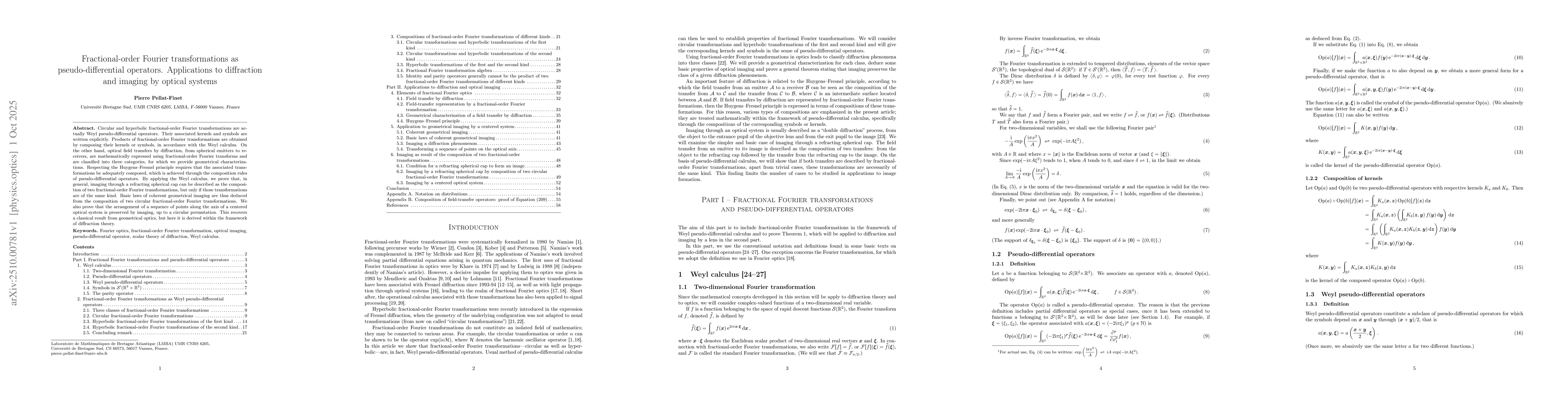 Thumbnail for Fractional-order Fourier transformations as pseudo-differential
  operators. Applications to diffraction and imaging by optical systems