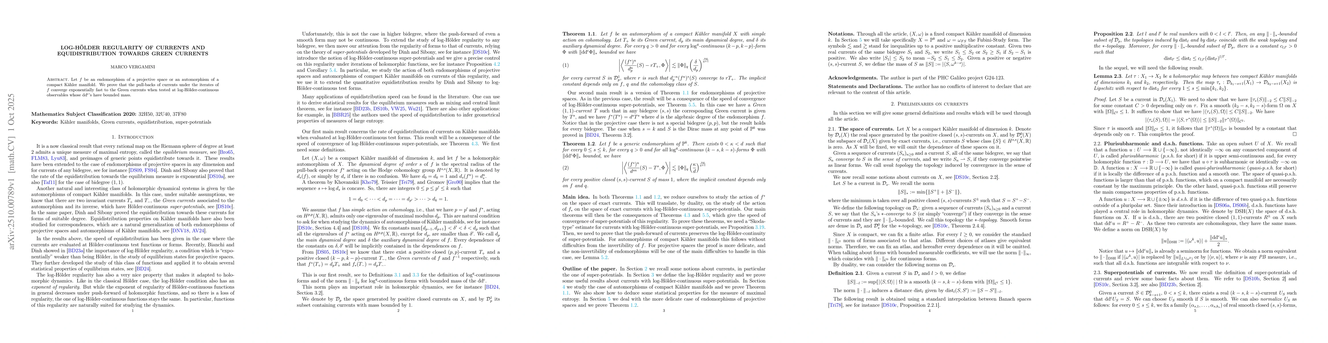 Thumbnail for $\log$-Hölder regularity of currents and equidistribution towards
  Green currents