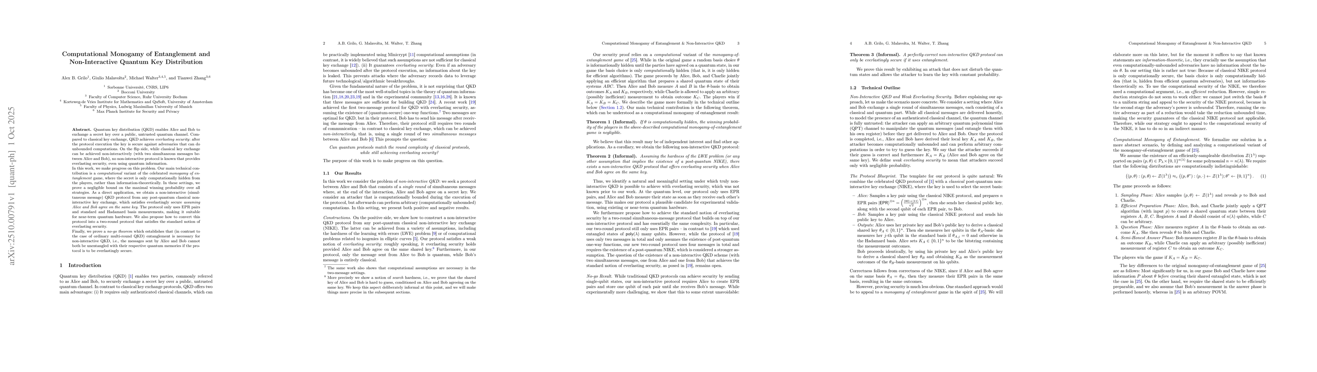 Thumbnail for Computational Monogamy of Entanglement and Non-Interactive Quantum Key
  Distribution