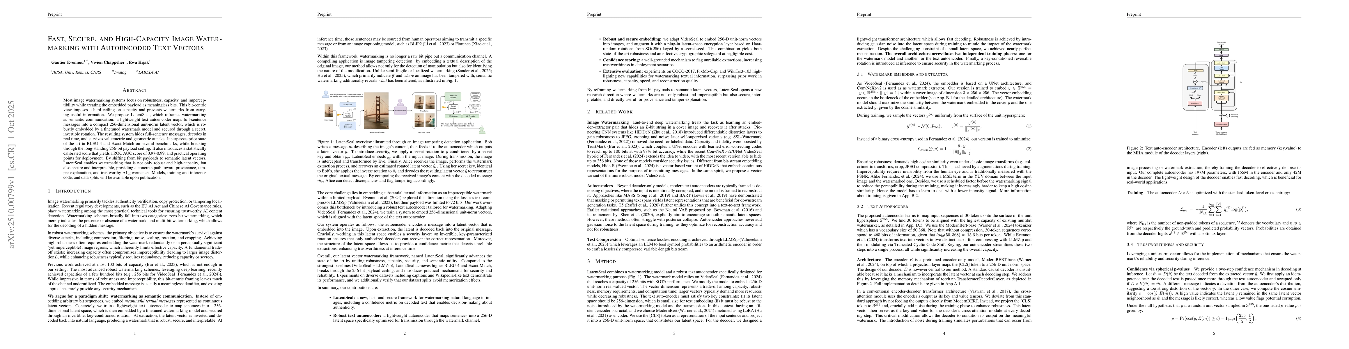 Thumbnail for Fast, Secure, and High-Capacity Image Watermarking with Autoencoded Text
  Vectors