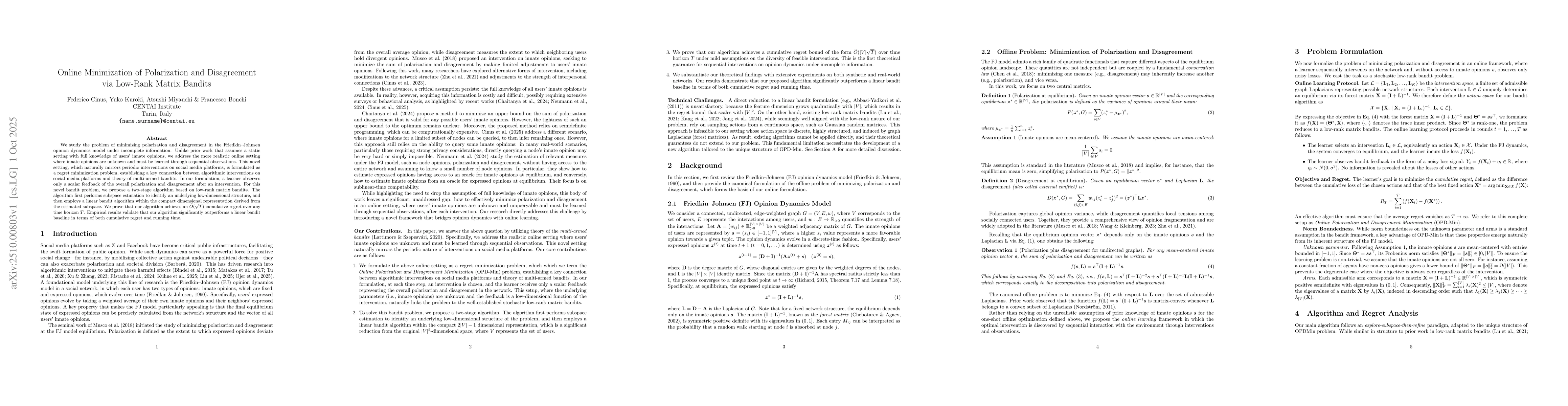 Thumbnail for Online Minimization of Polarization and Disagreement via Low-Rank Matrix
  Bandits
