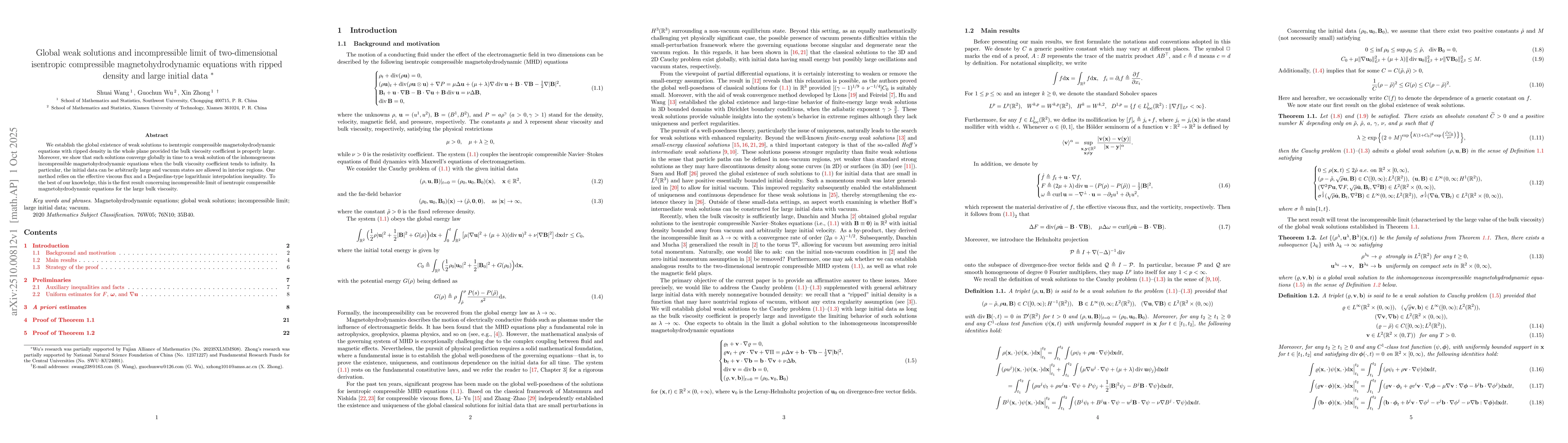 Thumbnail for Global weak solutions and incompressible limit of two-dimensional
  isentropic compressible magnetohydrodynamic equations with ripped density and
  large initial data