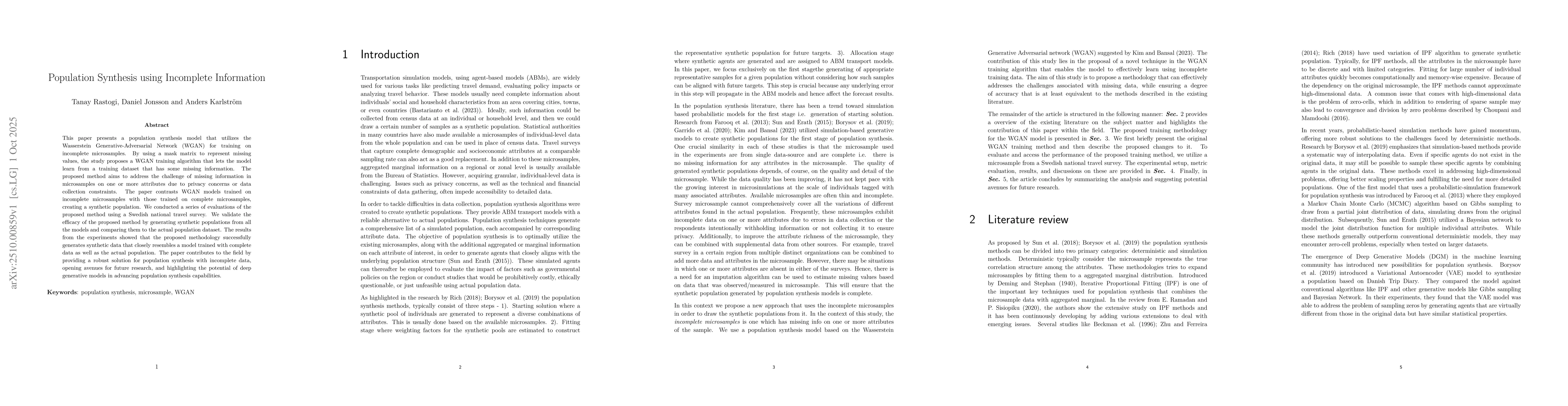 Thumbnail for Population Synthesis using Incomplete Information