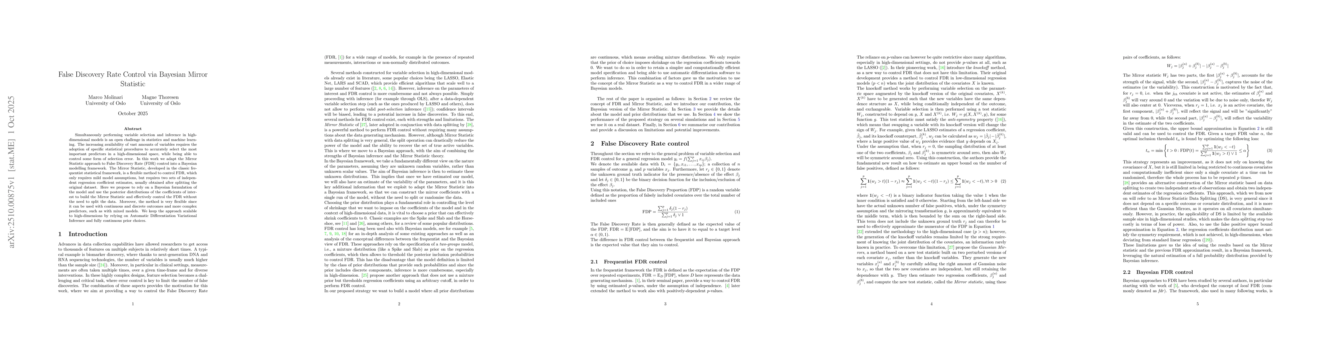 Thumbnail for False Discovery Rate Control via Bayesian Mirror Statistic
