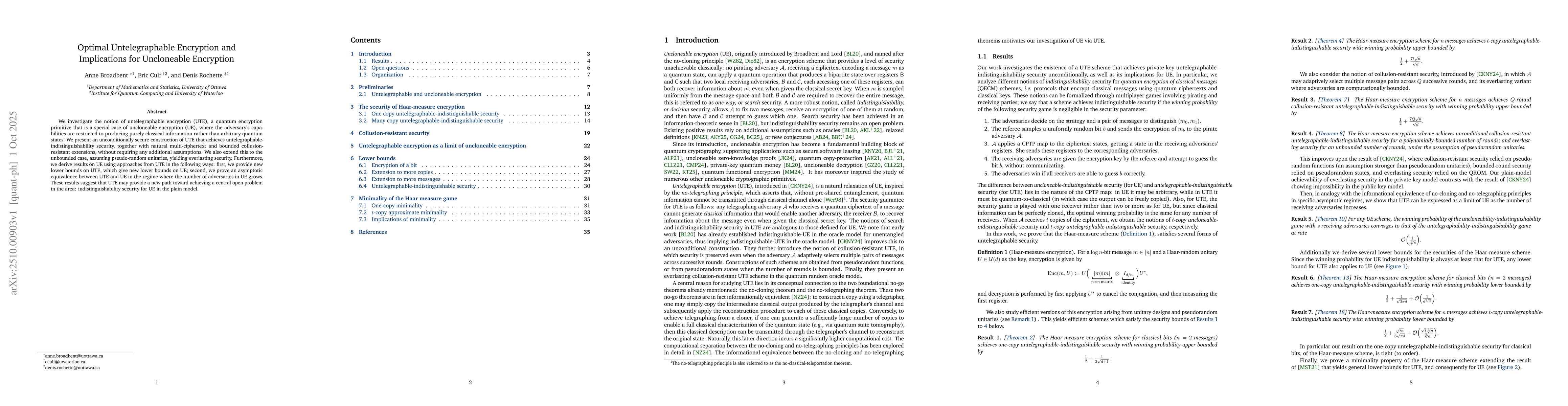 Thumbnail for Optimal Untelegraphable Encryption and Implications for Uncloneable
  Encryption