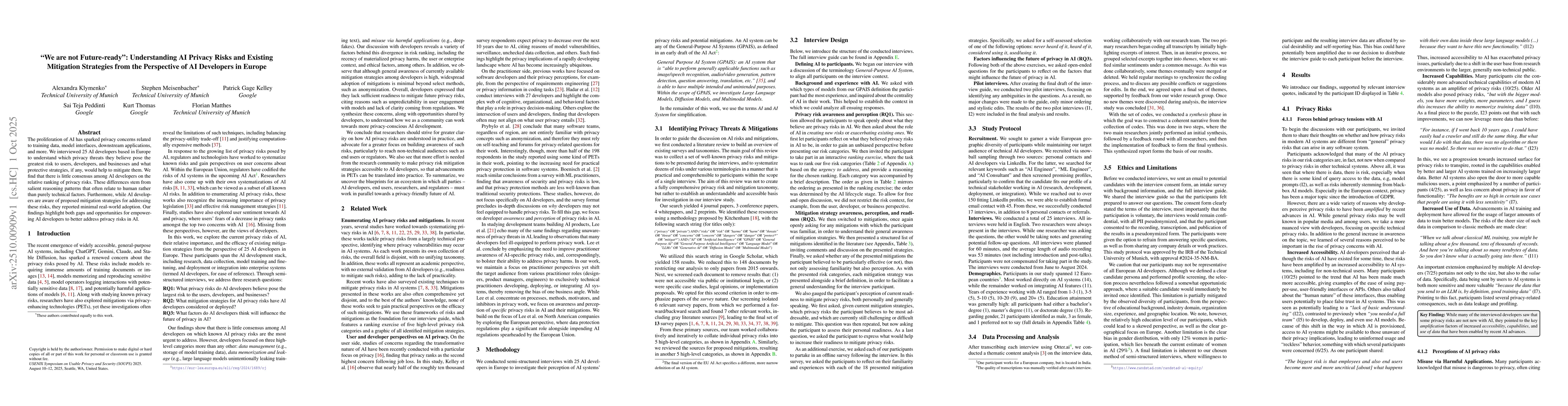 Thumbnail for "We are not Future-ready": Understanding AI Privacy Risks and Existing
  Mitigation Strategies from the Perspective of AI Developers in Europe