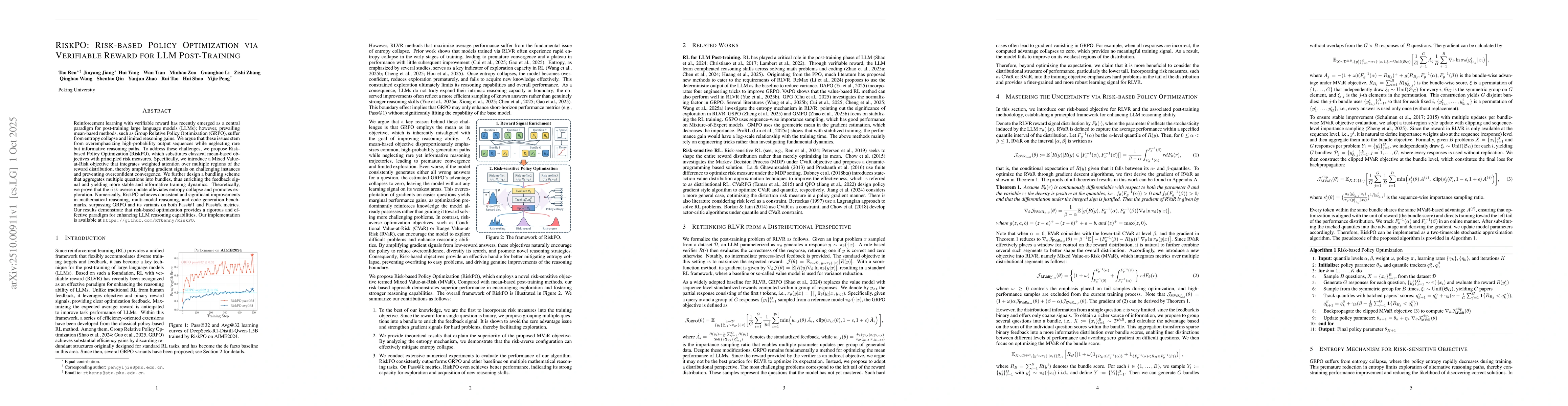 Thumbnail for RiskPO: Risk-based Policy Optimization via Verifiable Reward for LLM
  Post-Training