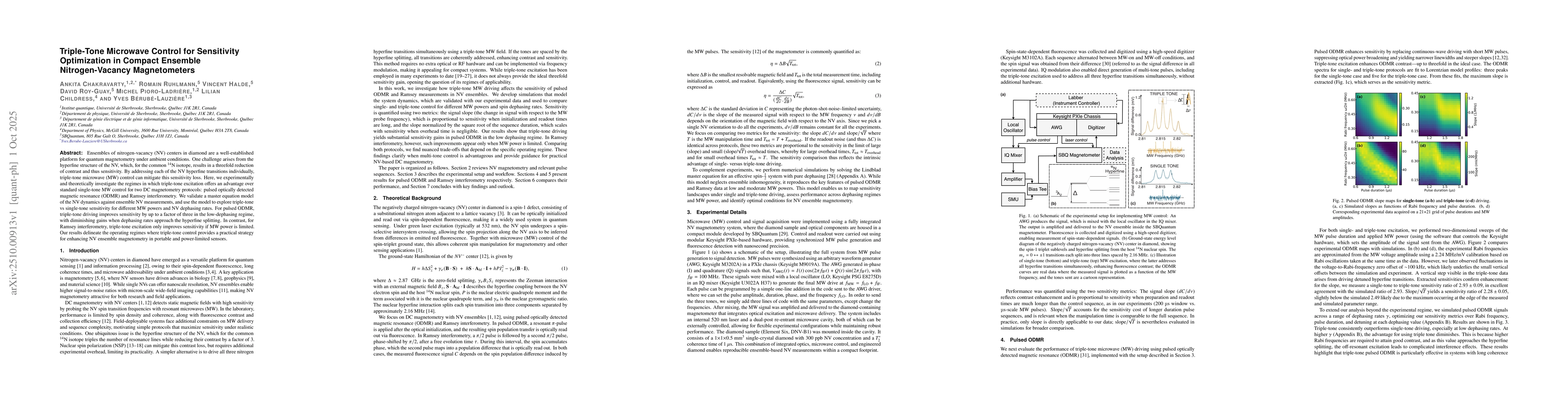 Thumbnail for Triple-Tone Microwave Control for Sensitivity Optimization in Compact
  Ensemble Nitrogen-Vacancy Magnetometers