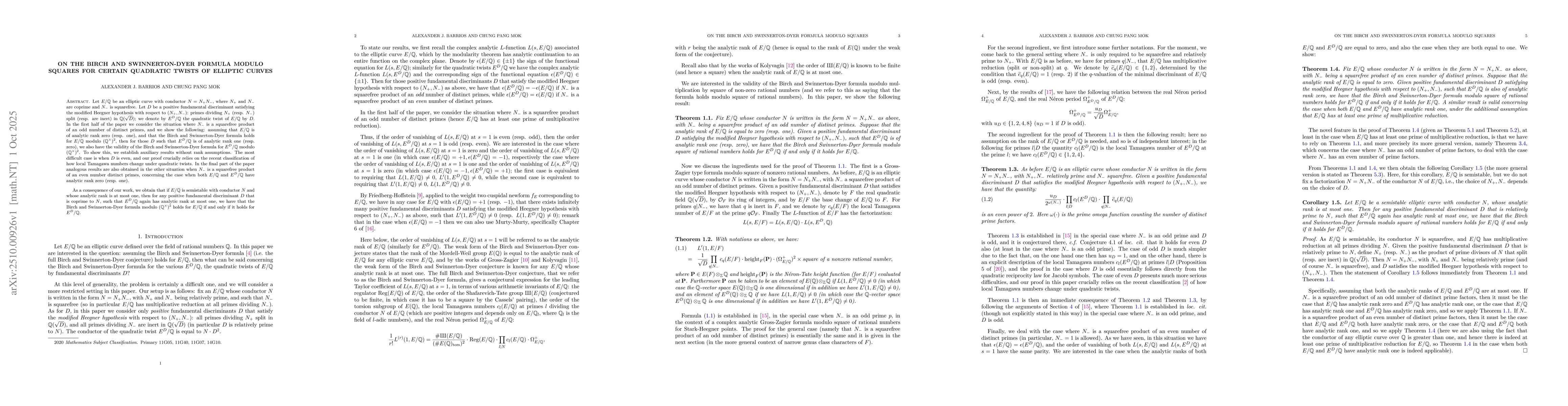 Thumbnail for On the Birch and Swinnerton-Dyer formula modulo squares for certain
  quadratic twists of elliptic curves