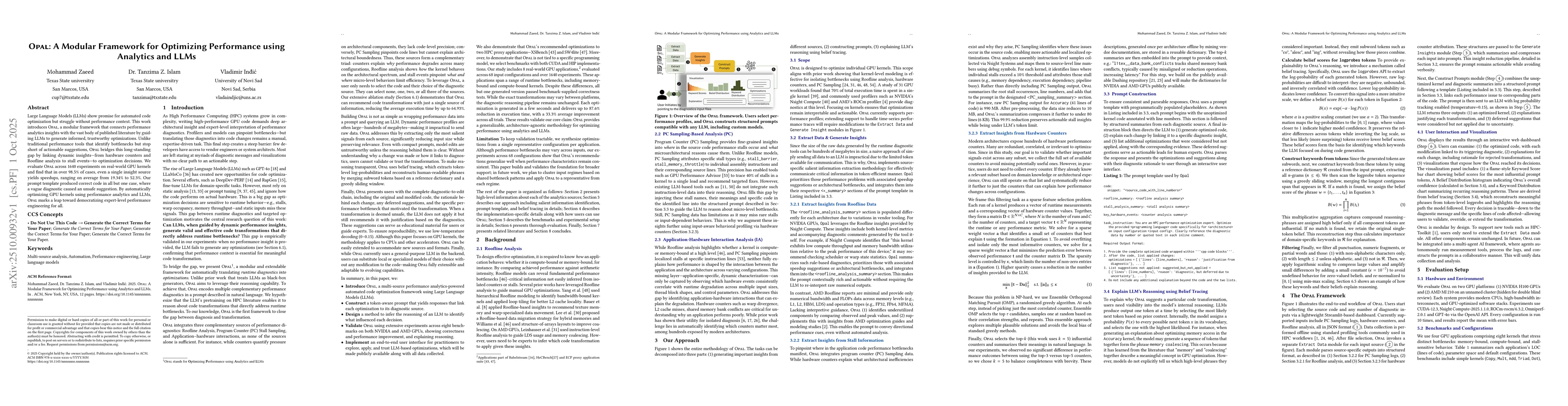 Thumbnail for Opal: A Modular Framework for Optimizing Performance using Analytics and
  LLMs