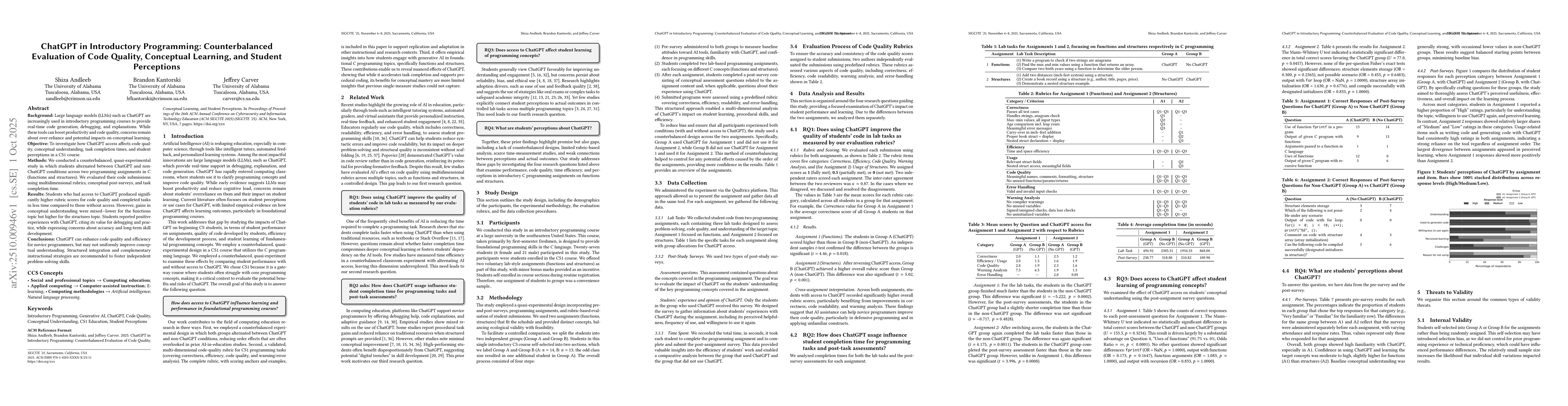 Thumbnail for ChatGPT in Introductory Programming: Counterbalanced Evaluation of Code
  Quality, Conceptual Learning, and Student Perceptions