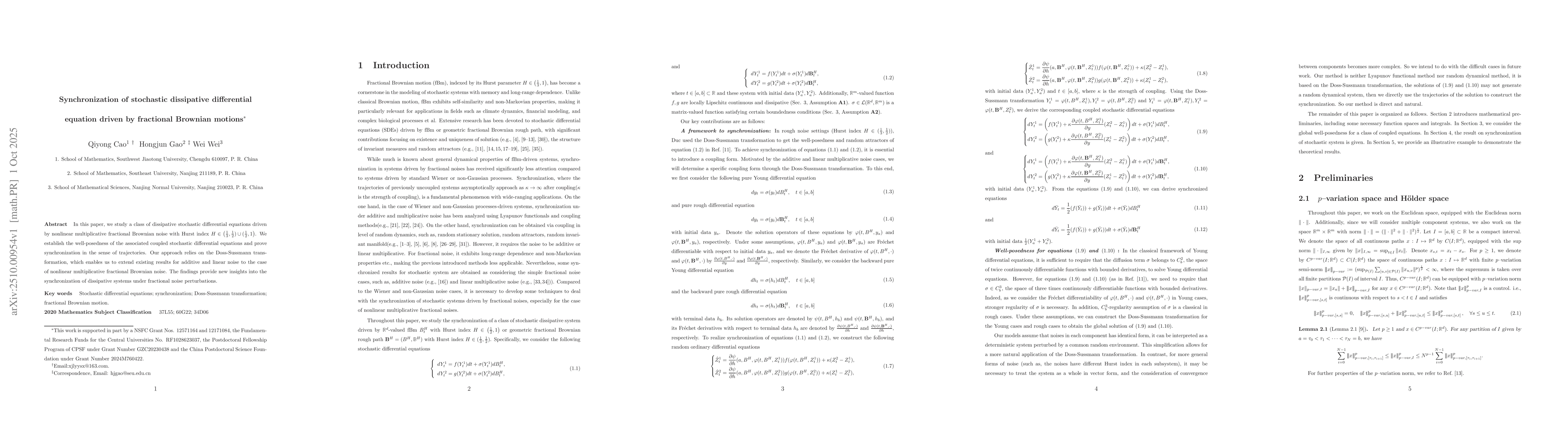 Thumbnail for Synchronization of stochastic dissipative differential equation driven
  by fractional Brownian motions