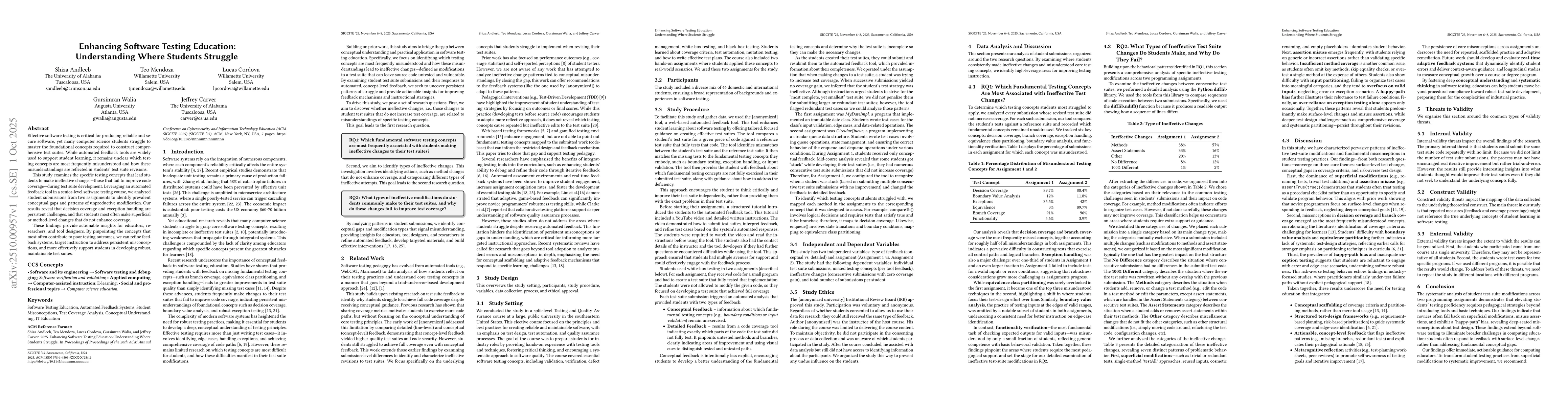 Thumbnail for Enhancing Software Testing Education: Understanding Where Students
  Struggle