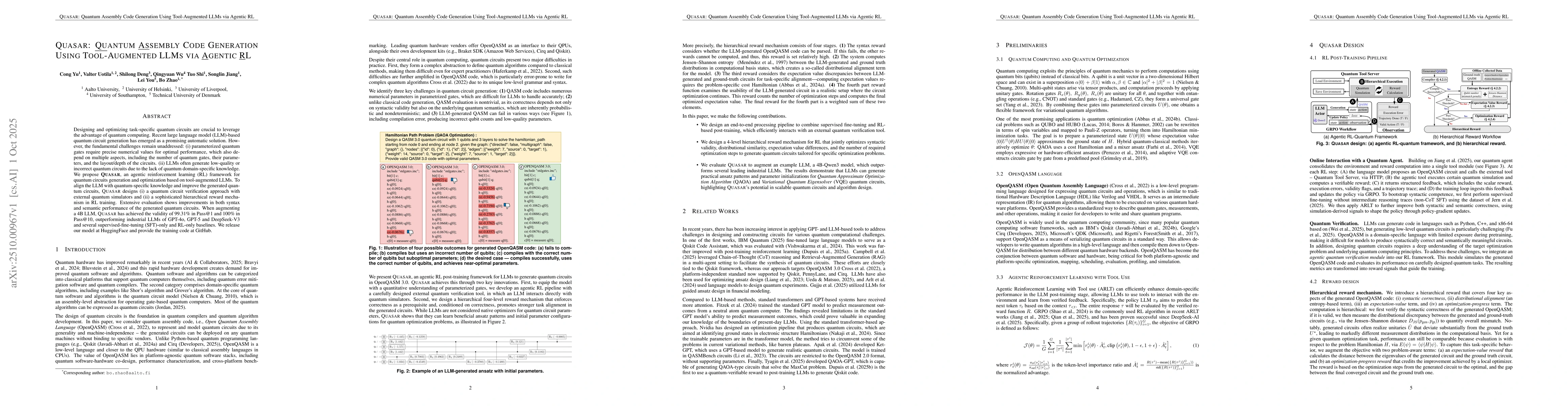 Thumbnail for QUASAR: Quantum Assembly Code Generation Using Tool-Augmented LLMs via
  Agentic RL