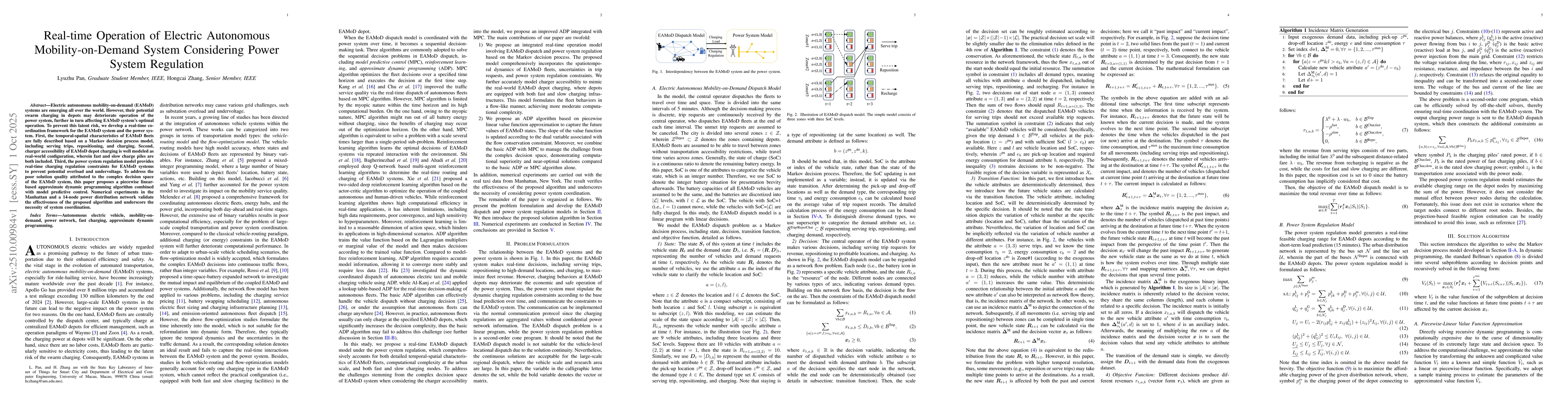 Thumbnail for Real-time Operation of Electric Autonomous Mobility-on-Demand System
  Considering Power System Regulation